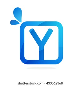 Y letter logo in square with blue drops. 