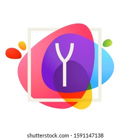 Y letter logo in square frame at watercolor splash background. Color overlay style. Vector typeface for labels, headlines, posters, cards etc.