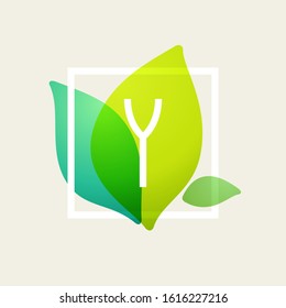 Y letter logo in square frame at green leaves watercolor background. Vector ecology typeface for botanical labels, floral headlines, recycle posters, organic cards etc.