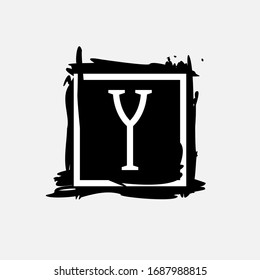 Y letter logo in square frame at ink dry brush strokes with rough edges. Vector serif font perfect for premium labels, vintage posters and modern identity, etc.