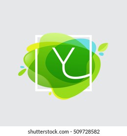 Y letter logo in square frame at green watercolor splash background. Green art. Vector ecology typography for your posters, invitations, cards. 
