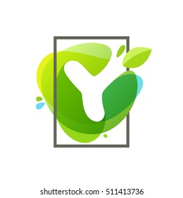 Y letter logo in square frame at green watercolor splash background. Vector ecology typography for your posters, invitations, cards. 