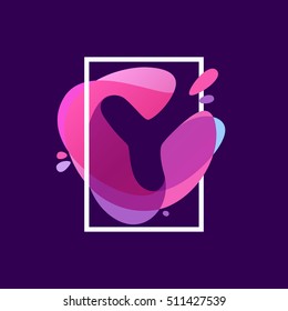 Y letter logo in square frame at multicolor splash background. Vector typography for your posters, invitations, cards. 