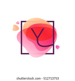 Y letter logo in square frame at pink watercolor background. Happy Valentines Day design elements.