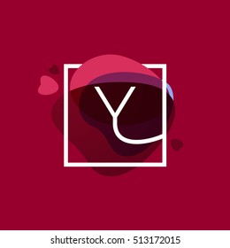 Y letter logo in square frame at watercolor background with hearts. Happy Valentines Day design elements.