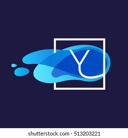 Y letter logo in square frame at watercolor blue flow background. Vector ecology typography for your posters, invitations, cards. 