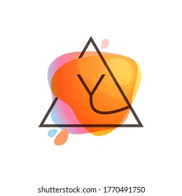 Y letter logo in triangle frame at watercolor splash background. Color overlay style. Perfect vector icon for vintage design, funny watercolor posters, geometry labels, etc.