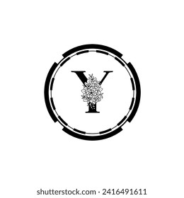 Y letter logo vector design. Y Icon eco black and circle concept template. Y vector set of black eco letters logo with leaves. Y alphabet of black leaves isolated on white background. Floral Alphabet.