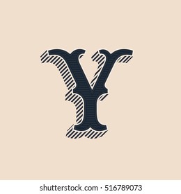 Y letter logo in vintage western style with lines shadow. Vector font for labels, posters etc. 