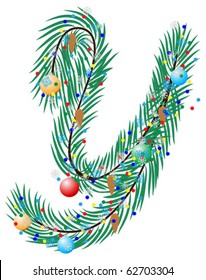 Y - Letter. Made of a Christmas tree with festive decorations. Isolated on white