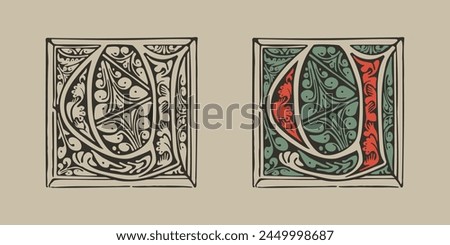 Y letter medieval Gothic initial illuminated by foliage ornament. Engraved German drop cap. Dark age hand painted emblem. Classic Latin alphabet font based on XV century embellishment manuscript.