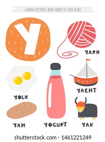 Y letter objects and animals including yam, yolk, yogurt, yak, yacht, yarn. Learn english alphabet, letters, words for kids