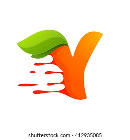 Y letter with orange juice drops and leaves. Vector design template elements for your application or corporate identity.