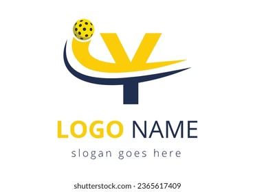 Y Letter with with Pickleball Sports Logo Concept With Moving Pickleball Club Symbol. business, and company identity