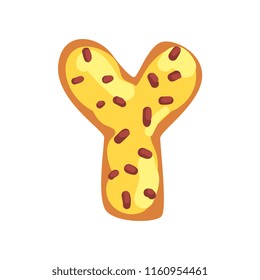 Y letter in the shape of sweet glazed cookie, bakery edible font of English alphabet vector Illustration on a white background