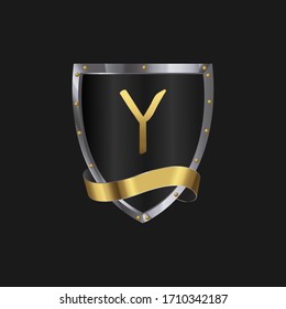 Y letter  shield with wings gold color logo design concept template vector 3d heraldic shield and wings logo gold / silver emblem
