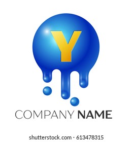 Y Letter splash logo. Blue dots and bubbles letter design on grey background. Vector Illustration