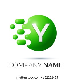 Y Letter splash logo. Green dots and circle bubble letter design on grey background. Vector Illustration