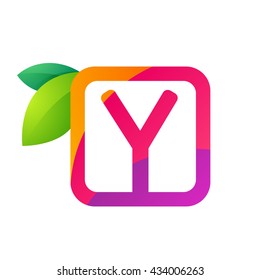 Y letter in square with juice and green leaves. 
