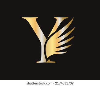 Y Letter Transportation Logo Design. Initial Flying Wing Y Letter Logo. Letter Y logotype and wings Concept