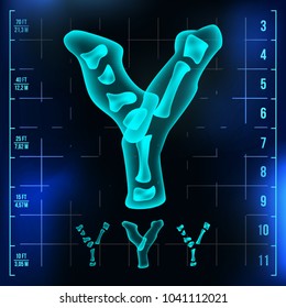Y Letter Vector. Capital Digit. Roentgen X-ray Font Light Sign. Medical Radiology Neon Scan Effect. Alphabet. 3D Blue Light Digit With Bone. Medical, Hospital, Pirate, Futuristic Style. Illustration