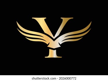 Y Letter Wing Logo Design. Initial Flying Wing Y Letter Logo. Letter Y logo and wings Concept