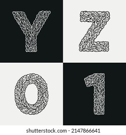 Y letter Z letter 0 number 1 number alphabet letters Doodle font Typography fonts regular uppercase for logo, brand etc vector illustration for headings, flyer, greeting cards, product packaging, book