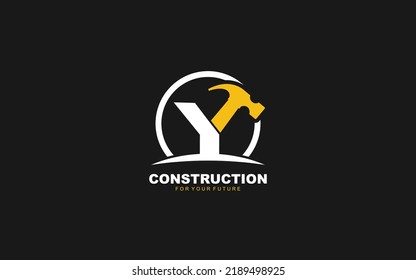 Y logo construction vector for woodworking company. initial letter hammer template vector illustration for your brand.