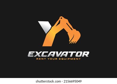 Y logo excavator for construction company. Heavy equipment template vector illustration for your brand.