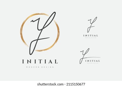 Y logo. Initials letter o in gold circle. Initial signature. Design fashion handwriting monogram. Handwritten identity name. Abstract paintbrush font. Brush writing calligraphy. Write script. Vector 