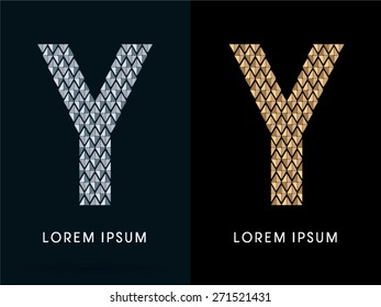 Y ,Luxury Abstract Jewelry Font, designed using gold and silver colors geometric shape on dark background, sign ,logo, symbol, icon, graphic, vector.