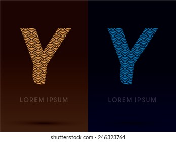 Y ,Luxury font ,designed using gold and blue bold line graphic, concept shape from water, river, sea, ocean, fish scale, logo, symbol, icon, vector.