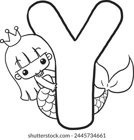 Y mermaid cartoon doodle coloring page