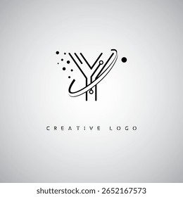 Logotipo do Monograma da Órbita Y - Marca de Letra Mínima Futurista com Linha de Arte Circular, Pontos Inspirados na Tecnologia e Conceito de Movimento Espacial para Identidade de Marca Moderna