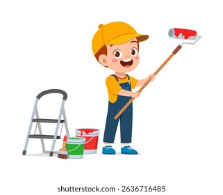 y Painting with Roller Brush near Paint Buckets and Ladder with Joyful Expression