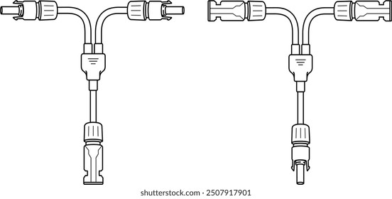 Y shape parallel solar panel connectors. Vector outline illustration.