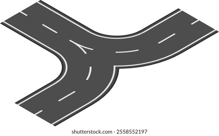 Y shaped highway intersection joining two roads, creating a fork in the road, symbolizing a choice of path or direction, isolated on white background