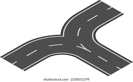 Y shaped highway intersection joining two curved roads with white dashed lines on dark gray asphalt, creating a fork in the road symbolizing choices and decisions