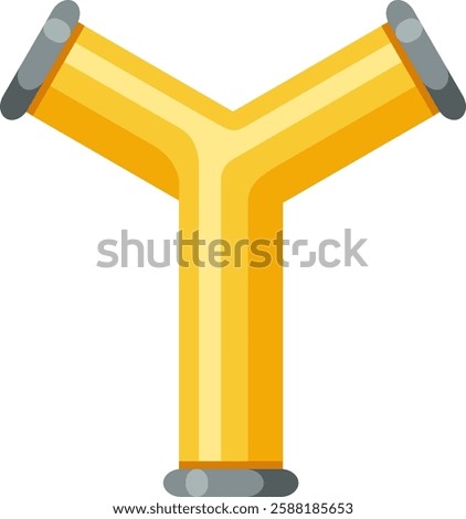 Y shaped yellow pipe connecting two pipelines, illustrating plumbing systems and water infrastructure with metallic connectors, isolated on a white background