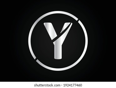 Y silver Letter Logo Design with Circle Swoosh and silver Metal Texture.