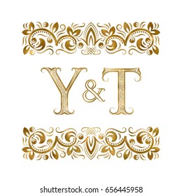 Y and T initials vintage logo. The letters surrounded by ornamental elements. Wedding or business partners monogram in royal style.