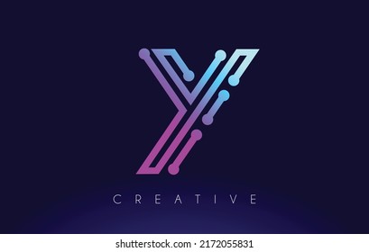 Y Tech Letter logo Concept with Connected Technology Dots and Lines in Blue Purple Colors Vector Design