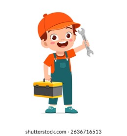 y with toolbox and wrench in hand, cartoon character, repairman smiling