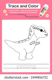 Y Tracing word for dinosaurs and coloring trace worksheet for kids to practice writing skills with the word Yinlong