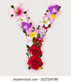 Y, vector font with realistic of beautiful tropical flowers on background color.