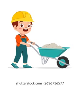 y wearing hard hat pushing wheelbarrow full of sand with smiling face in cartoon