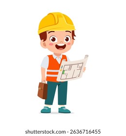 y Wearing Hard Hat and Vest Holding Building Plan and Briefcase Smiling Illustration