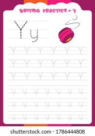 Y writing practice for kids. Cartoon Illustration of YO YO. Preschool educational alphabet writing practice for kids. Writing book pages for kids. Uppercase and lowercase alphabet writing practice.