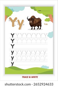 Y for Yak Alphabet Tracing and Writing Practice for Kids Printable EPS Vector File with Yak Themed Letter Y Activities Preschool Handwriting Worksheets and Kindergarten Fine Motor Skills Development