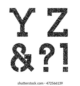 Y, Z black stencil letters, ampersand, exclamation and question marks of grainy texture. Font in grunge style.